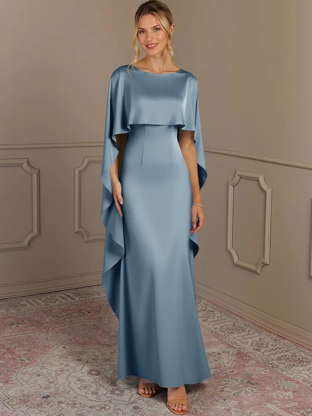 NWT Azazie Eli Dusty Blue Satin Bridesmaid Dress w/ Cape Overlay A8